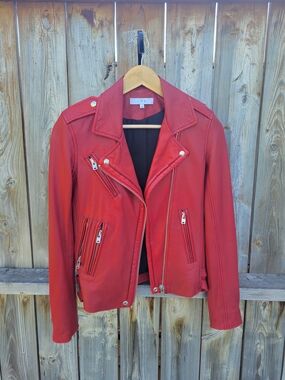 IRO Red Leather Moto Jacket with Silver Hardware